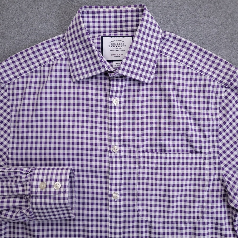 Charles Tyrwhitt Dress Shirt Mens 15 33 Extra Slim Fit Non Iron Purple Check